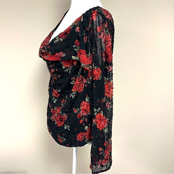 JKara vintage rose print beaded split sleeve top size XL - Picture 11 of 12